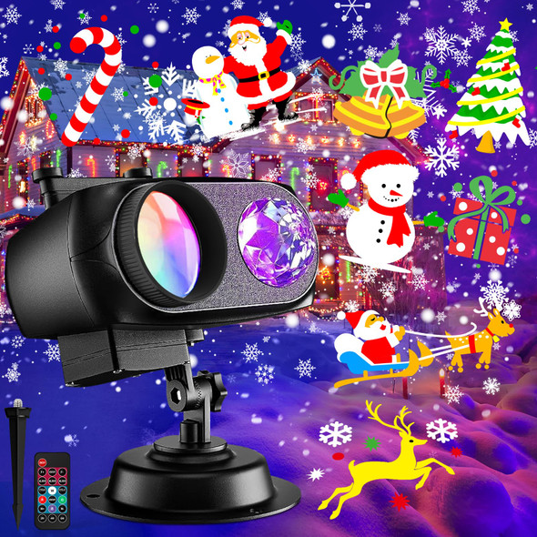 Christmas Projector Lights Outdoor, Brightness Increase 50% HD 2-in-1 Ocean Wave Snowflake LED Holiday Projector Lights Indoor 96 Patterns, Memory Function Waterproof 12 Slides for Party Garden...