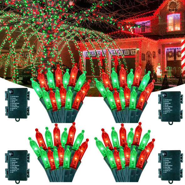 4 Pack 50 LED Christmas Lights Battery Operated, 16FT Waterproof Fairy Twinkle String Lights with 8 Modes & Timer for Indoor Outdoor Xmas Tree Garden Holiday Birthday Wedding Decorations (Red & Green)