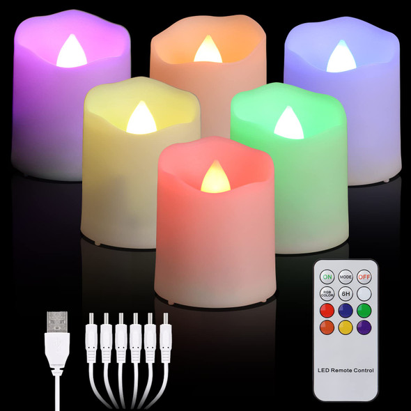 6 Pack USB Rechargeable Flameless Tea Lights Color Changing with Remote & Timer LED Fake Votive Candles Tealight with USB Cable, Halloween Party Christmas Table Decor