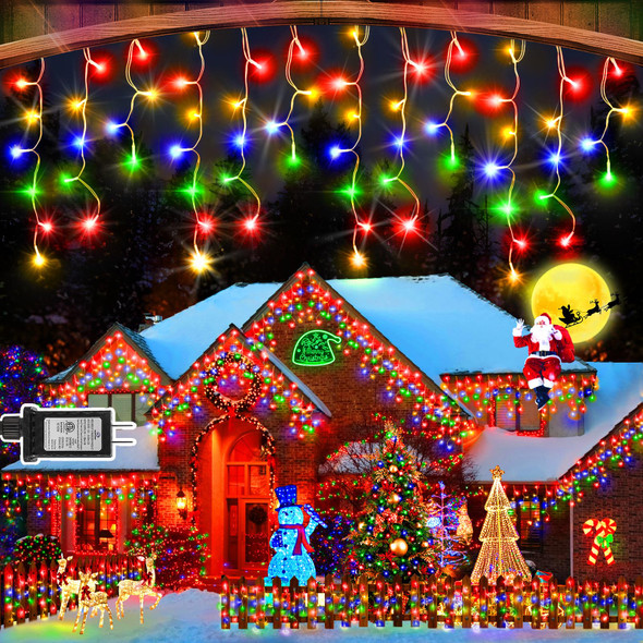 33FT 320 LED Christmas Lights Outdoor Decorations with 60 Drops Timer 8Mode Curtaing String Lights Waterproof Plug in Fairy Lights for Indoor,Xmas,Party,Patio,Window,Fence,Trees Decor(Multicolor)