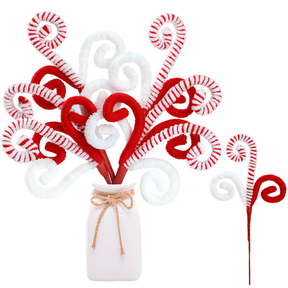 Sggvecsy 6 Pcs Christmas Tree Decoration Candy Cane Woolen Bells Candy Shape Christmas Tree Picks Lollipop Candy Curly Pick Ornaments Xmas Tree Topper for Vase Filler Home Office Decor (Red)