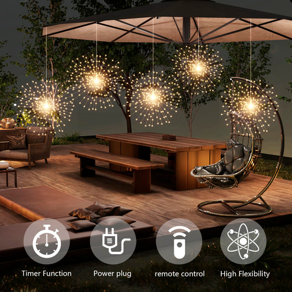 5 Pcs 1000 LED Plug-in Starburst Sphere Lights, Firework Lights 8 Modes Dimmable Remote Control Waterproof Hanging Fairy Light, Copper Wire Lights for Patio Party Tent Christmas (Warm White)