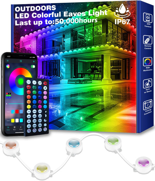 50FT Permanent Outdoor RGB Lights,IP67 Waterproof Smart LED Eaves Lights with App/Remote Control,for Christmas and All Holiday Decor (50ft eave Light)