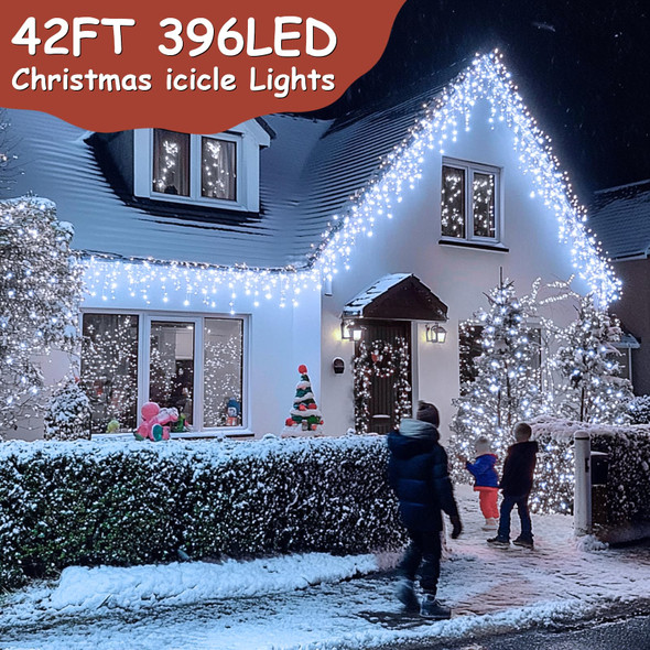 42ft Christmas Icicle Lights, 396 LED Outdoor/Indoor Cool White Fairy Lights with 8Modes, Plug-in Waterproof String Lights for Holiday, Wedding, Garden Decorations