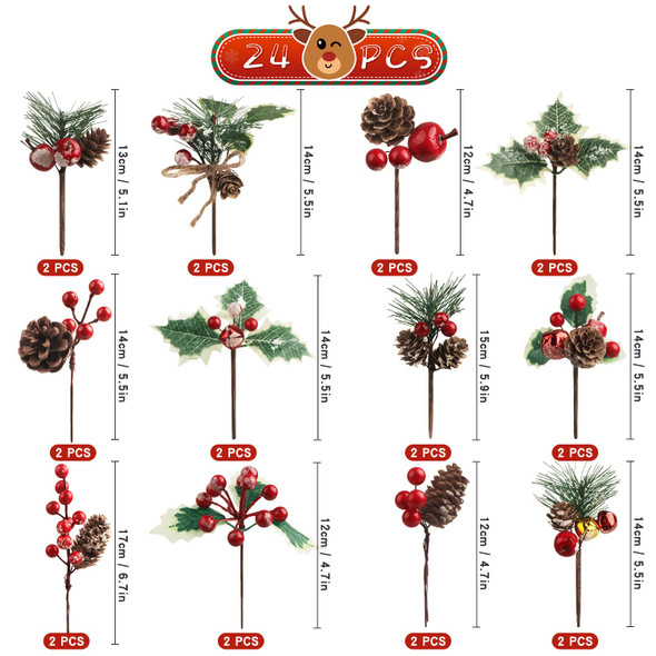 24 Pcs Artificial Christmas Pine Picks Christmas Berries Artificial Stem with Pinecones Apples Bells Christmas Flower Picks for Christmas Tree Wreath Arrangement Winter Holiday Decor