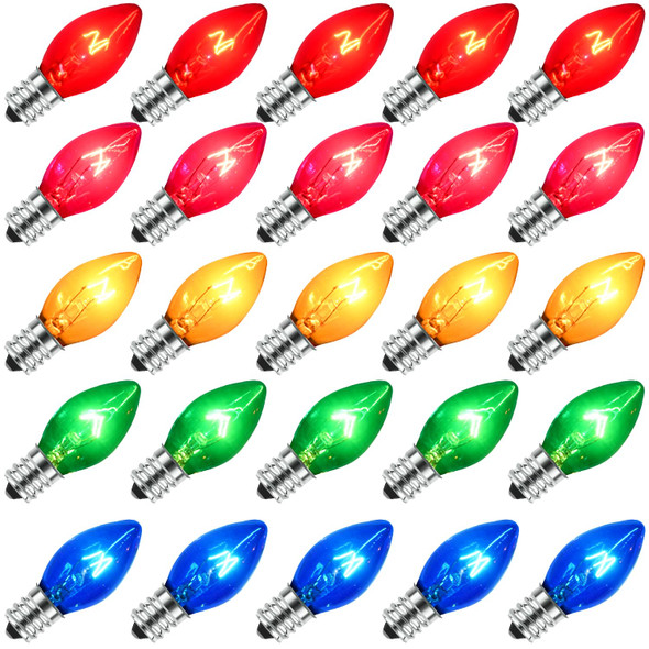 25 Pack Multi-color C7 Replacement Christmas Light Bulbs Vintage Colorful Light Bulbs, for C7 Christmas lights Replacement Bulbs & Christmas Tree Home Party Yard Color Bulb Decor, E12 Base, 5W