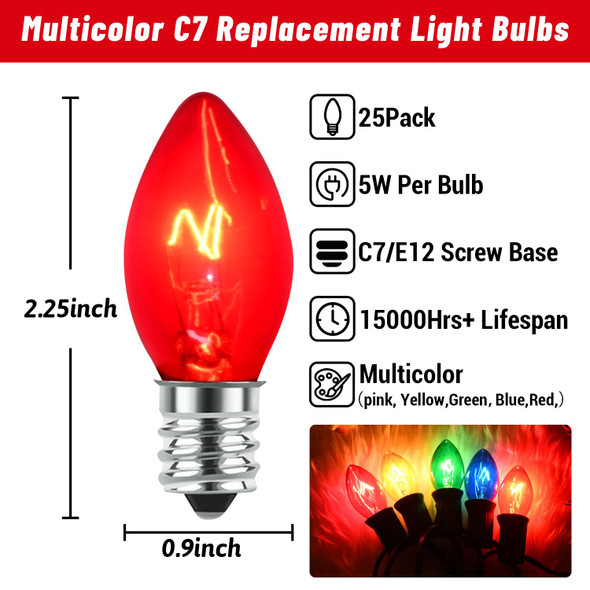 25 Pack Multi-color C7 Replacement Christmas Light Bulbs Vintage Colorful Light Bulbs, for C7 Christmas lights Replacement Bulbs & Christmas Tree Home Party Yard Color Bulb Decor, E12 Base, 5W