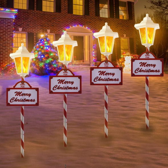 Christmas Solar Pathway Lights Outdoor - 4 Pack Waterproof Flickering Flames Candy Cane Stake Markers Lights, 12 Bright LED for Christmas Patio, Yard, Driveway Decoration （White）