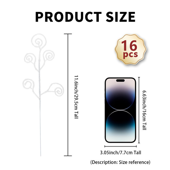 16 Pieces Christmas Tree Picks and Sprays Artificial Glitter Stems Decorative Candy Shape Curly Twigs for Xmas Tree Vase Filler Wreath Making Supplies Holiday Party Home Decor (White, 16)