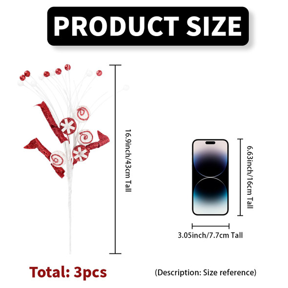 3Pcs Red and White Candy Picks Christmas Tree Decorations, 17.5" Spiral Curly Stems for Xmas Tree Topper Vase Filler Branches Holiday Home Office Party Decorations (Red White)