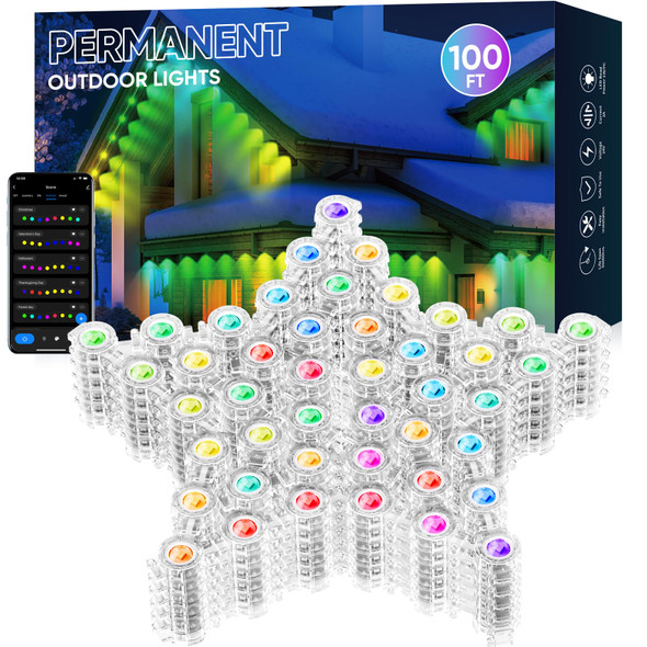 Permanent Christmas Lights Outdoor 100ft, Permanent Outdoor Lights with App/Remote Control, Smart Eave Lights with 72 LED Beads, IP67 Waterproof Outdoor Lighting for Holiday, Christmas, Daily Permanent Christmas Lights Outdoor 100ft, Permanent Outdoor Lights with App/Remote Control, Smart Eave Lights with 72 LED Beads, IP67 Waterproof Outdoor Lighting for Holiday, Christmas, Daily