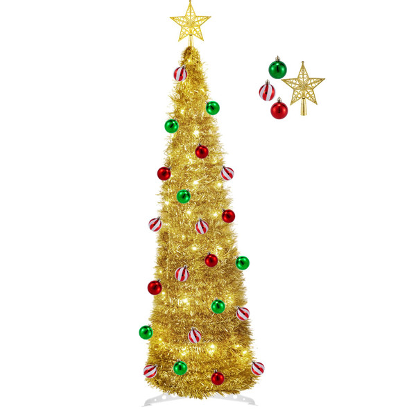 [ 4 Lighting Modes & Timer ] 5 Ft Pop Up Christmas Pencil Tree with 25 Ball Ornaments, Tinsel Christmas Tree with 60 Warm White & Multi Color Change Lights for Home Holiday Indoor Decorations (Gold)