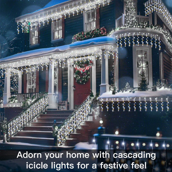 suddus Icicle Lights for Outside, 23.6ft 240 Led Hanging String Lights Outdoor Waterproof, Plug in Connectable Christmas Lights for House, Roof, Fence, Railing, Bedroom, Cool White with Warm White