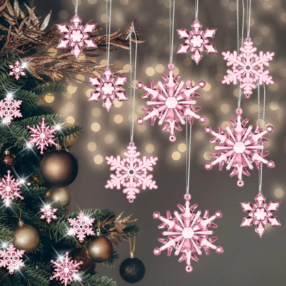 45 Pieces Acrylic Snowflake Ornaments 3 Styles Crystal Clear Plastic Xmas Tree Pendant for Christmas Winter Snow Theme DIY Decorations (Pink)