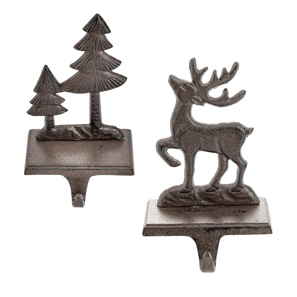 Sungmor Christmas Stocking Holders, 2PC Cast Iron Mantel Hooks Home Decor Holiday s, Heavy-Duty Anti-Slip Fireplace Hangers, Christmas Tree Reindeer Pattern Hooks for Xmas Shelf Topper Decoration