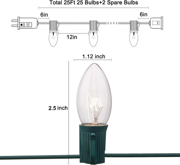 SUNSGNE C7 Christmas Lights, 25Ft Outdoor Christmas String Lights with 27 Clear Warm White Incandescent Bulbs, Christmas Vintage String Light for Patio, Christmas, Cafe, Party Decor, Green Wire