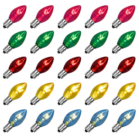 SUNSGNE C7 Multicolor Christmas Replacement Bulbs, Clear Multicolor Incandescent Light Bulbs for C7 Outdoor Patio Christmas String Lights, E12 Candelabra Base, 5 Watt, 25 Pack SUNSGNE C7 Multicolor Christmas Replacement Bulbs, Clear Multicolor Incandescent Light Bulbs for C7 Outdoor Patio Christmas String Lights, E12 Candelabra Base, 5 Watt, 25 Pack