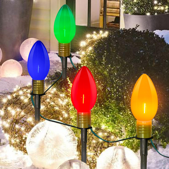 SUNSGNE C9 Christmas Pathway Lights, 7Ft Outdoor Christmas Pathway Stake Lights with 4 Jumbo C9 Multicolor LED Bulbs, Connectable Outdoor Marker Lights for Xmas Walkway Driveway Lawn Decor