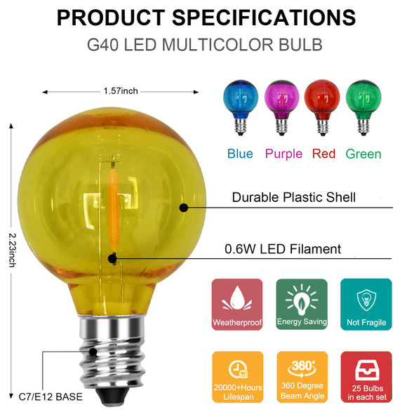 25 Pack G40 LED Christmas Replacement Globe Light Bulbs, 0.6 Watt Colored Christmas Light Bulbs with E12 Candelabra Base, Shatterproof Round Christmas Lights for Outdoor Indoor Decor- Clear Multicolor