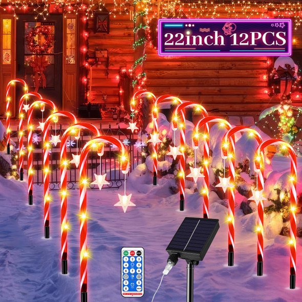 12 Packs Candy Cane Light Pathway, Outdoor Christmas Decorations 22’’ Solar Candy Cane Light Christmas Decorations Outside Solar Christmas Light Waterproof with 8 Modes for Garden Patio Yard