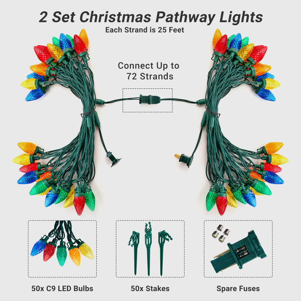 SURAIELEC Christmas Pathway Lights Outdoor [Set of 2], C9 Christmas Lights with Stakes, Total 50FT 50 LED Bulbs, Connectable Ground Lights for Yard, Walkway, Driveway Decor, Multicolored, UL Listed