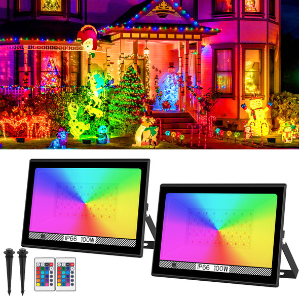 T-SUN RGB Led Flood Light 100W, Outdoor Flood Light 1000W Equivalent 10000Lm Christmas Light Color Changing Led Stage Lights IP66 Waterproof Landscape Lights with Remote Outdoor for Garden Yard