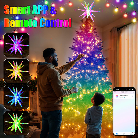 Christmas Star Tree Topper, 10.6" Smart Star Tree Top of Crystal-Like 3D Polygonal Shell, Light Tree top w/Remote Control/App, Music Sync RGB Color Changing Control LED Christmas Light, 18 Lights