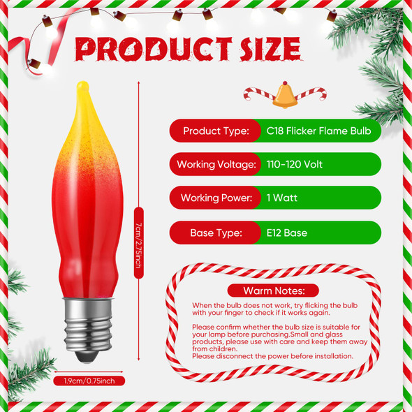 Tarpop 25 Pieces Christmas Flicker Flame Light Bulb C18 Realistic Flame Decoration Mini Tip Flame Chandelier String Light for Indoor Outdoor Party Decor E12 Candelabra Base,120 Volt(7W,Red Yellow)
