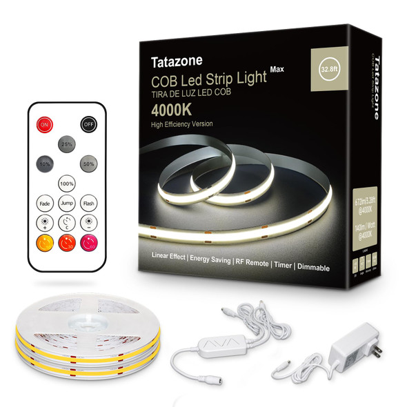 32.8ft 4000K White COB Led Strip Lights with Remote, Dimmable Bright Neutral White COB Light Strip, Indoor COB Led Lights for Kitchen, Room, Cabinet, 2 Rolls of 16.4ft