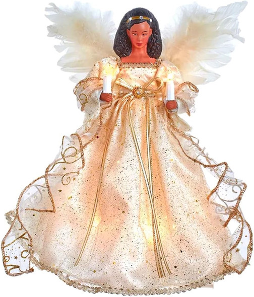 The Bridge Collection 12" African-American Angel Tree Topper - Angel Tree Topper - Lighted Tree Topper - Christmas Angel Decor