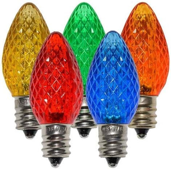 25 Pack C7 LED Replacement Christmas Light Bulbs Faceted LED Light Bulbs Commercial Grade E12 Candelabra Base Dimmable SMD LEDs Indoor and Outdoor Use (Multi-Colored)
