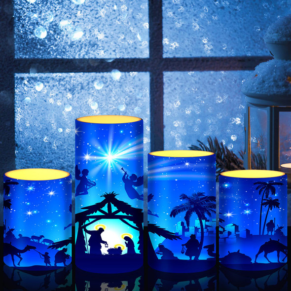 Tiamon Christmas Nativity Scene Candles LED Religious Theme Flameless Candles Battery Operated LED Warm Light Flickering Candles Xmas Pillar Candle Set for Holiday Table Decorations (Romantic)