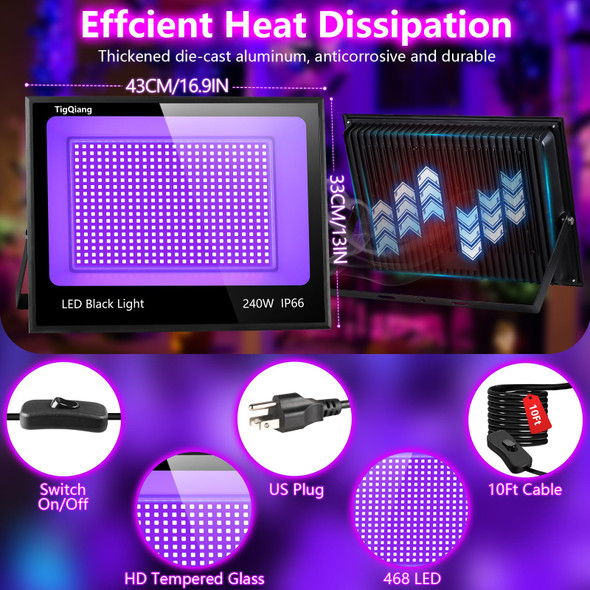 d 240W LED Black Light with 10ft Cable, IP66 Outdoor Blacklight Flood Light, Powerful Washer Light with Plug Switch for Christmas Halloween Neon Glow Dark Party Fluorescent Body Paint, 2 Pack