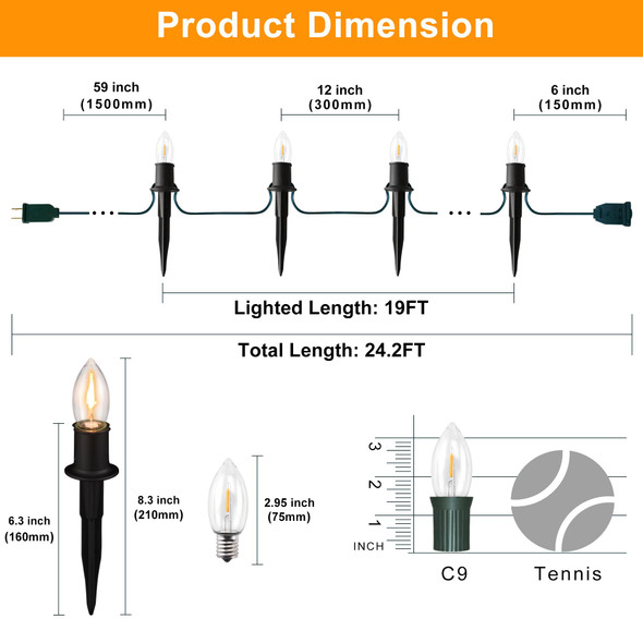 Christmas Pathway LED Lights Outdoor, 20 Lights C9 Walkway Lights with Stakes, 24.2ft Clear Driveway Christmas Lights for Pathway, Warm White, Extendable for Outdoor Decorations