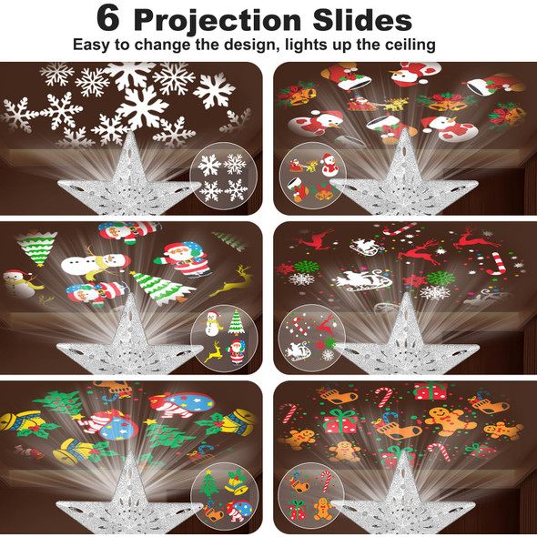 Christmas Tree Toppers Lighted with 6 Projection Modes, Christmas Star Tree Topper with Built-in LED Rotating Lights, Silver 3D Glitter Projection for Xmas Party Holiday Decorations