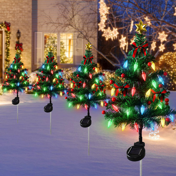 TOCHGREEN 4Pack Solar Christmas Tree Garden Stake Lights Outdoor Waterproof 80LED Xmas Pathway Lights Prelit Yard Stake for Christmas Porch Pathway Patio Yard Decoration (4pcs Solar Christmas Tree)