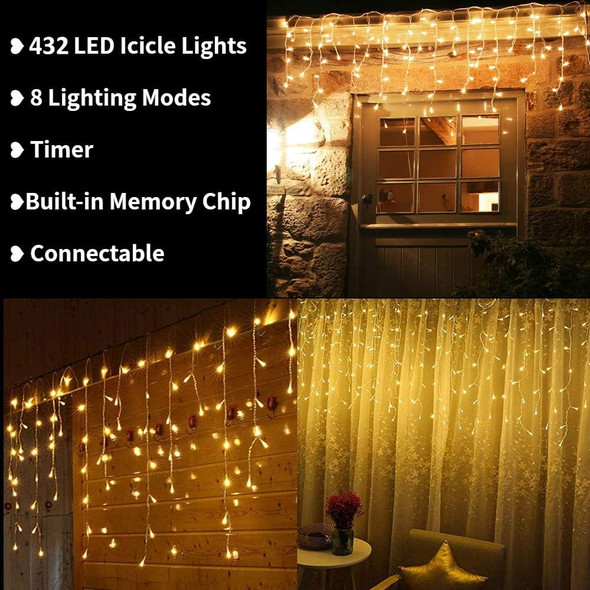 Toodour 35.4ft 432 LED String Lights with 72 Drops, Twinkle Fairy Lights for Xmas, Parties, Holidays - Warm White