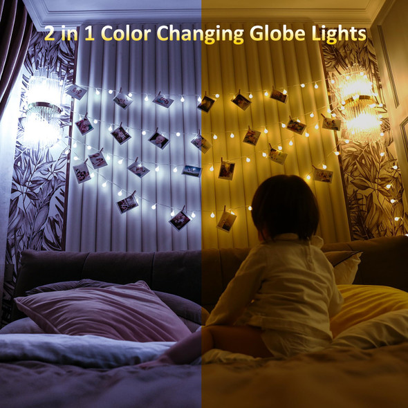Toodour Christmas String Lights, 40ft 120 LED Color Changing Christmas Lights, 11 Modes, Timer, White & Warm White Globe Fairy Lights for Party, Home, Tree, Bedroom, Xmas Indoor Outdoor Decorations