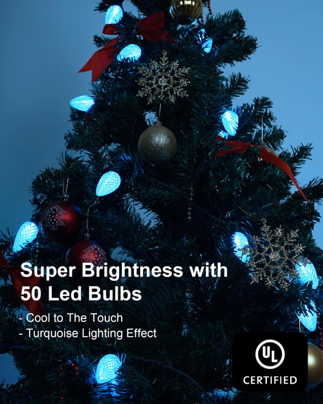 C9 Led Christmas String Lights Outdoor, 33.3ft 50 LED Waterproof Decorative Light Strand, Extendable Green Wire String Lights for House, Christmas Tree, Patio, Party Decoration, Turquoise