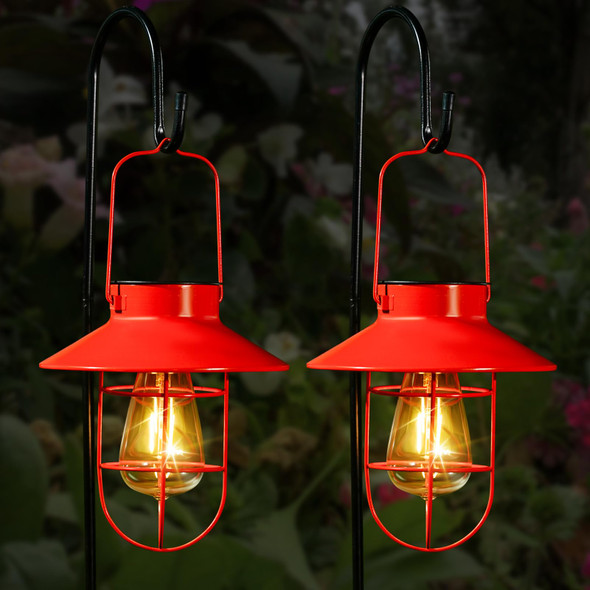 2 Pack Solar Lights Lantern Lamp with Shepherd Hook, Christmas Outdoor Decor, Solar Lantern,Metal Waterproof Edison Bulb Lights , Outdoor Garden Decorations Lights for Yard and Pathway (Red) 2 Pack Solar Lights Lantern Lamp with Shepherd Hook, Christmas Outdoor Decor, Solar Lantern,Metal Waterproof Edison Bulb Lights , Outdoor Garden Decorations Lights for Yard and Pathway (Red)