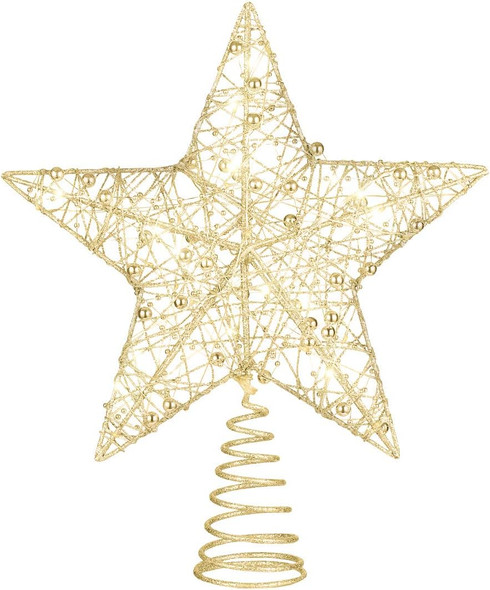 Christmas Glitter Star Tree Topper Lighted Christmas Treetop Star with Beaded Christmas Xmas Tree Party Decoration (Golden)