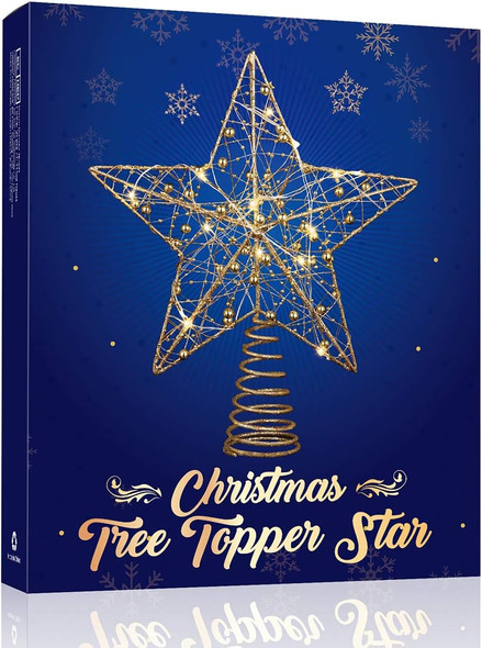 Christmas Glitter Star Tree Topper Lighted Christmas Treetop Star with Beaded Christmas Xmas Tree Party Decoration (Golden)