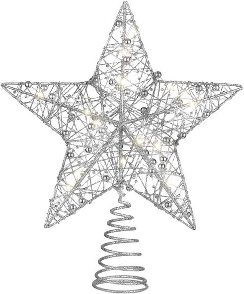 Xmas Tree Topper- Star Christmas Tree Topper, Christmas Decoration, Star Treetop Light, Metal Christmas Treetop for Christmas Home Decoration(Silver, 25 x 30cm)