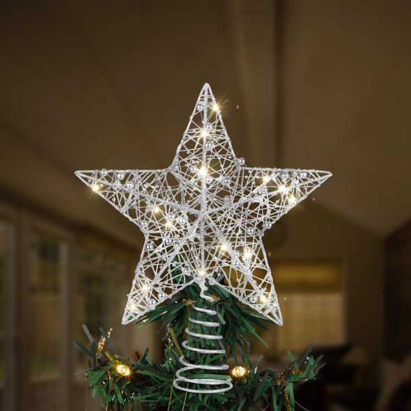 Xmas Tree Topper- Star Christmas Tree Topper, Christmas Decoration, Star Treetop Light, Metal Christmas Treetop for Christmas Home Decoration(Silver, 25 x 30cm)