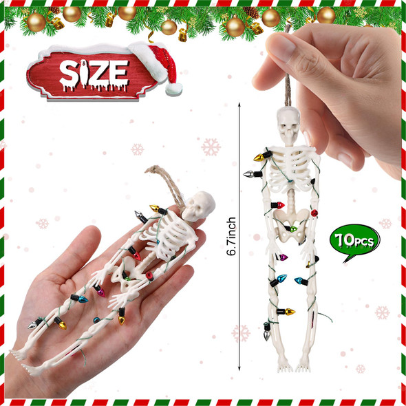 10 Pcs Christmas Skeleton Wrapped in Lights 6.7 Inch Christmas Tree Hanging Ornament Scary Skeletons Mini Skeletons Figurines for Haunted House Graveyard Halloween Party Decor