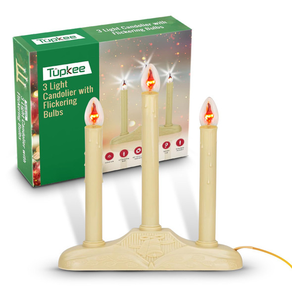Tupkee Christmas Candolier Window Candles – with Flickering Bulbs – 3-Lights Indoor - Flameless Electric Window Candles Candelabra