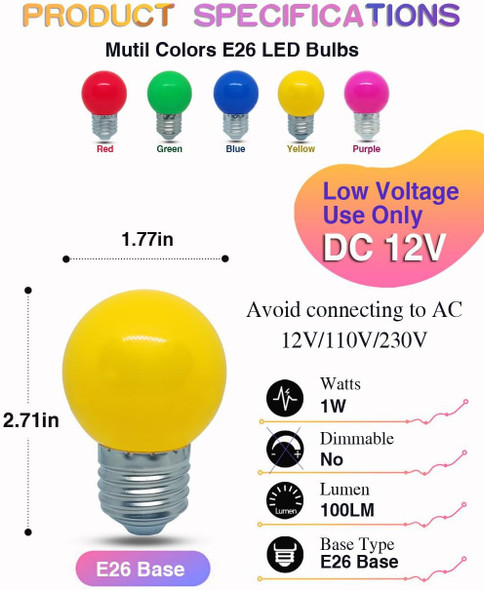 DC 12V Low Voltage Light Bulbs, Yellow LED 1W G14 G45 Mini Globe E26 Colored Night Lights, 10W Equivalent for Christmas Halloween Holiday String Fairy Mood Lights Decor, 5 Pack