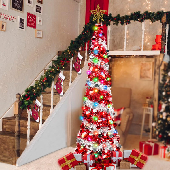 Dual Color Change & Timer - 5FT Pop Up Christmas Tree, Red Tinsel Christmas Tree 50 Warm White & Colored Lights 8 Mode 3D Star Sequins 1 Minute Collapsible Pencil Christmas Tree Home Indoor Party