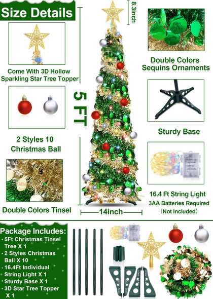 TURNMEON 5 Ft Pop Up Christmas Tree Dual Color Change Lights Ball Ornaments Star Sequin Gold Tinsel Christmas Tree 8 Mode Timer Warm White Colorful Battery Operated Holiday Xmas Decoration Indoor