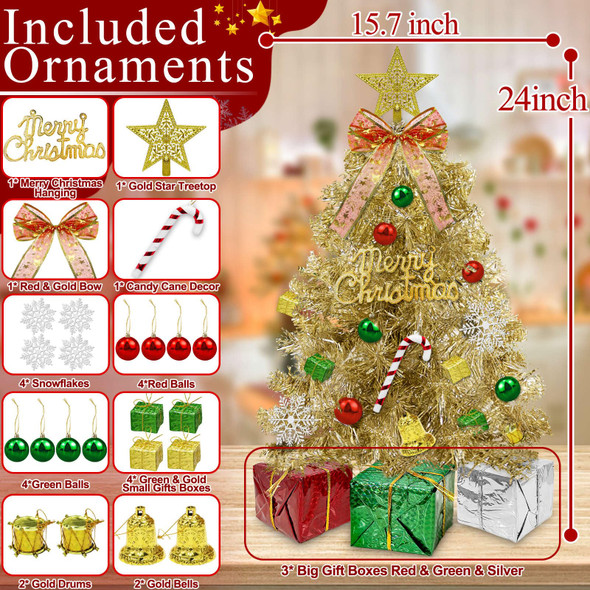 Dual Color Change&Remote Control 24 Inch Gold Tabletop Christmas Tree, 20 LED Warm White&Colored Lights Timer 8 Modes 27 Orantments Star Boxs Mini Small Christmas Tree Xmas Decor Home Holiday Party